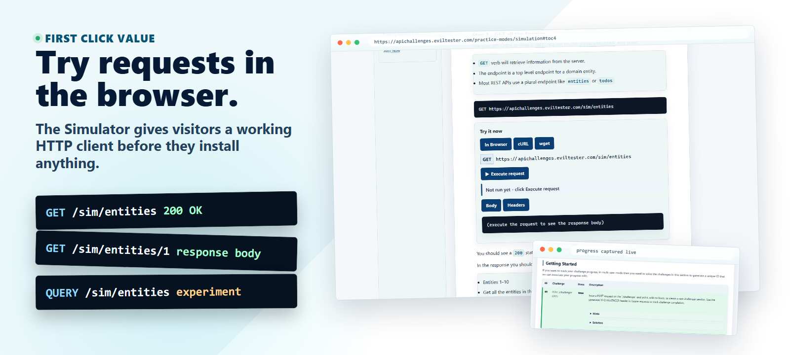 Simulation Mode hero image showing live in-browser HTTP request examples and the Simulator request widget.