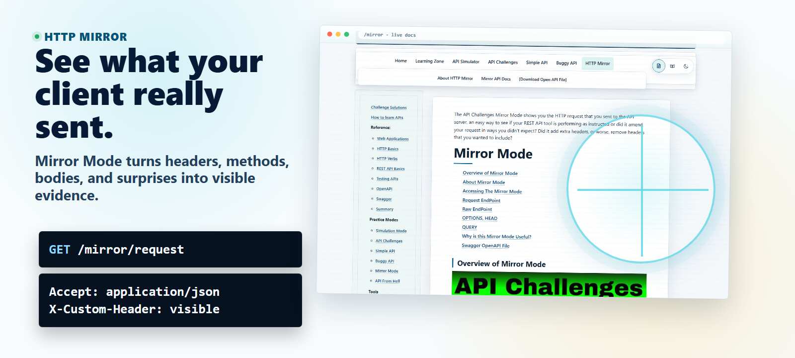 HTTP Mirror hero image showing the live Mirror Mode page with request headers and methods as visible evidence.