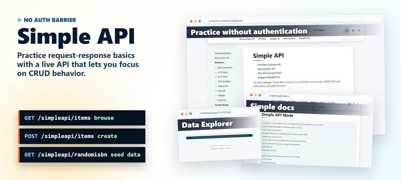 Simple API hero image showing no-auth CRUD practice endpoints, the live Simple API page, data explorer, and API docs.